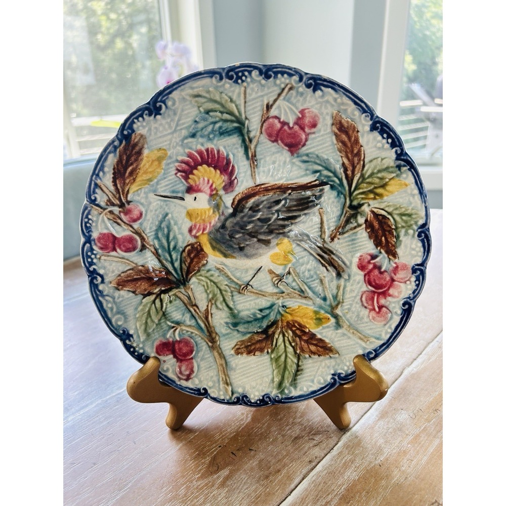Antique Majolica Plate with Bird of Paradise c.1890's-1900